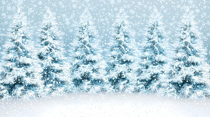 Snowy fir trees in a winter landscape.  Soft, light blue,  and white snow-covered trees against a light blue sky with falling snow