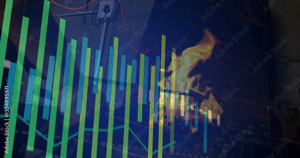 Poster animation of flames merging with financial graphs in dynamic school data visualization