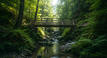 Fototapeta premium Walking Over Bridge Crossing a Creek in a Lush Green Forest