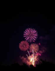 Night sky ablaze with vibrant, colorful fireworks bursting in a dramatic display, wonder, dazzling, sparklers