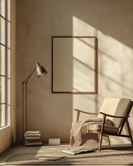 Cozy room corner with armchair, floor lamp, books, and blank canvas.