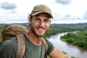 smiling backpacker stands on bridge overlooking lush river valley, showcasing sense of adventure and connection with nature