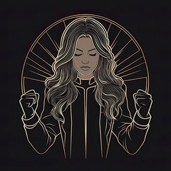 A confident long - haired woman with closed eyes, clenched fists, exuding strength and a sense of inner power, surrounded by radial lines, suitable for themes related to empowerment, self - belief, 