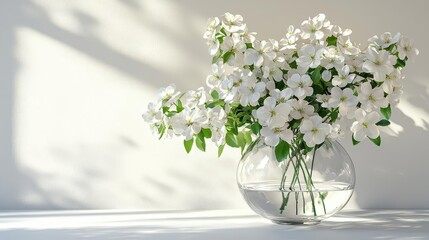 Fototapeta premium Elegant glass vase filled with fresh white flowers, creating a soft contrast against a smooth white backdrop.