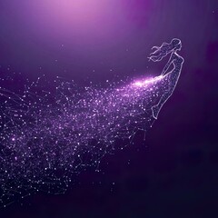 A female silhouette composed of points and lines on a purple background, with 飘散的 particle effects behind, creating a dreamy and futuristic visual, suitable for digital art, inspiration,
