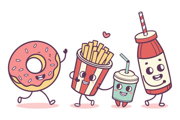 23 Cartoon food characters, anthropomorphic beverages and snacks, cute fast food mascots, smiling drink cups, happy donut, cheerful coffee mug, friendly soda bottle, whimsical food illustration, color