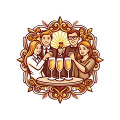 Joyful friends clinking glasses, celebrating New Year's Eve with sparkling drinks and festive smiles.