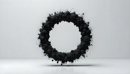 A digital art piece shows a ring-shaped formation of black powder or dust suspended in mid-air against a light gray background