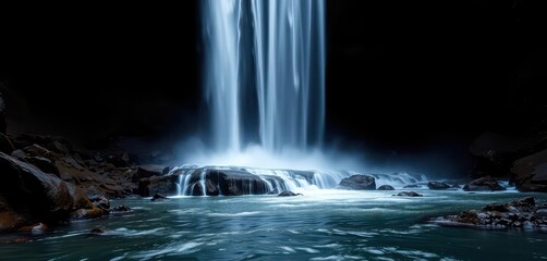 Silky waterfall cascades down, stark against a pitch-black background, element, backdrop