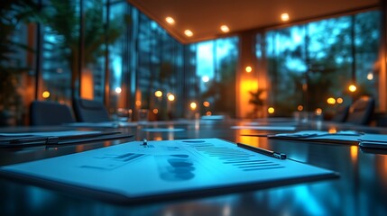 Plakat Evening boardroom meeting; charts, city view