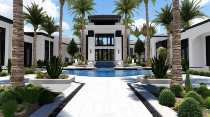 Fototapeta premium Modern luxury home with swimming pool and tropical landscaping surrounds it