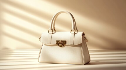 Fototapeta premium A white leather handbag is presented under sunlit window shadows