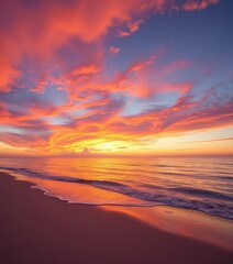 Obraz premium Sunset paints the sky vibrant hues over a tranquil beach, gentle waves lapping the shore, postcard, peaceful