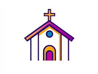 A church icon outlined with colorful lines on a white background, featuring a cross on top, representing religious and spiritual themes, suitable for religious, cultural,