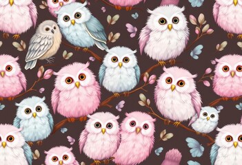 Fototapeta premium Pastel owls & fluffy owlets in a charming seamless repeat pattern, kids, fluffy