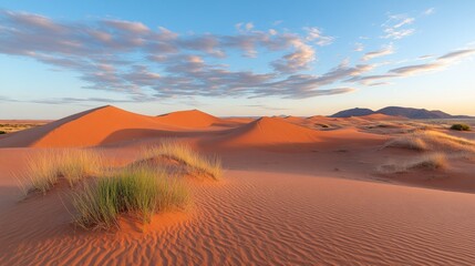 Naklejka premium Beautiful desert landscape shows a vibrant sunset with sand dunes