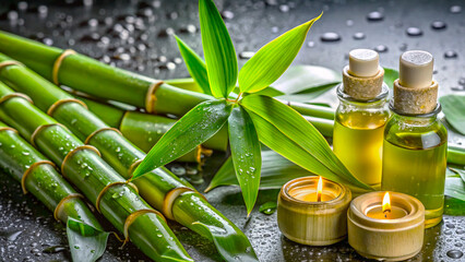 Still life composition of fresh bamboo stalks with green leaves, essential oil bottles, and burning bamboo candles on a wet black stone background in a spa or wellness setting.