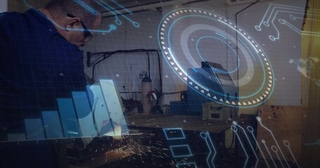 Engineer welding metal with digital circuit and data processing animation overlay - Powered by Adobe