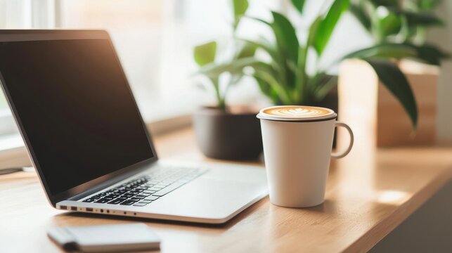 A laptop is open on a desk with a coffee cup next to it