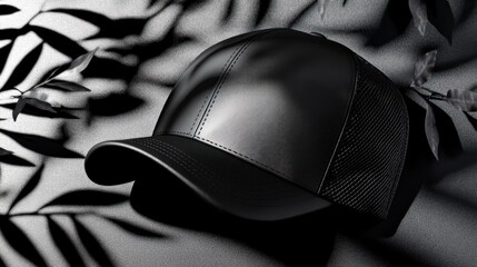 An elegant black baseball cap presented with leaf shadows details