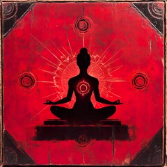 A black silhouette in a meditation pose on a red background, with a glowing circle on the chest and radiating lines and circles around, symbolizing inner peace, spirituality, and meditation, 