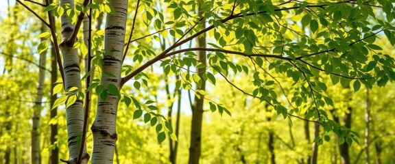 Obraz premium Young birch tree with vibrant green leaves in a sun-dappled spring forest, outdoor, nature photography