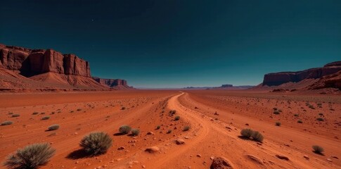 Obraz premium Desolate wasteland stretches towards horizon with rocky outcroppings, desolation, dark sky
