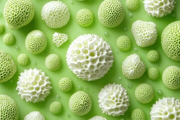 A vibrant collection of spherical shapes with intricate patterns, set against a green background, resembling microscopic organisms or cellular structures.