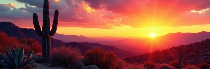 Desert sunset with saguaro and agave in the foreground, landscape, cactus