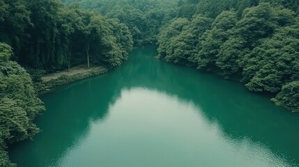 Obraz premium A peaceful river flows through forested hillsides and valleys