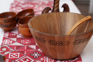 Wooden bowls with Kazakh national pattern.
