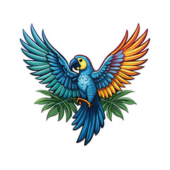 A vibrant Spix's macaw in flight, wings outstretched, against a backdrop of lush, vibrant tropical rainforest foliage.