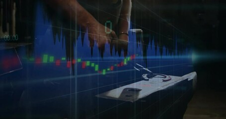 Hammering metal, blacksmith working with financial stock market graph in background - Powered by Adobe