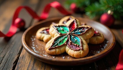 Fototapeta premium Decorated stained glass cookie on a wooden plate with a festive ribbon, stained glass