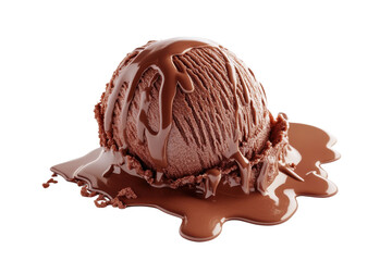 A scoop of chocolate ice cream with chocolate sauce dripping down on a white background surface area