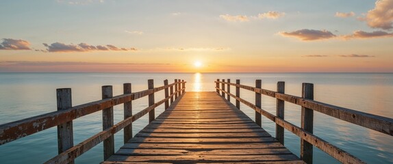 Obraz premium A wooden dock extending into the calm ocean sunset landscape