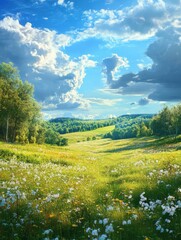 Naklejka premium Serene Meadow Landscape under Idyllic Skies
