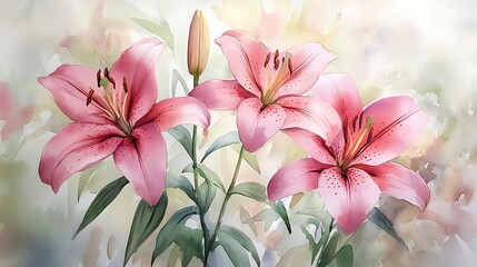 Naklejka premium Beautiful pink lilies blooming in watercol