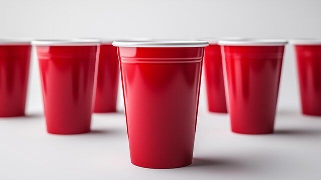 A red party cups isolated against a solid white background, symbolizing celebration, social gatherings, and fun occasions.