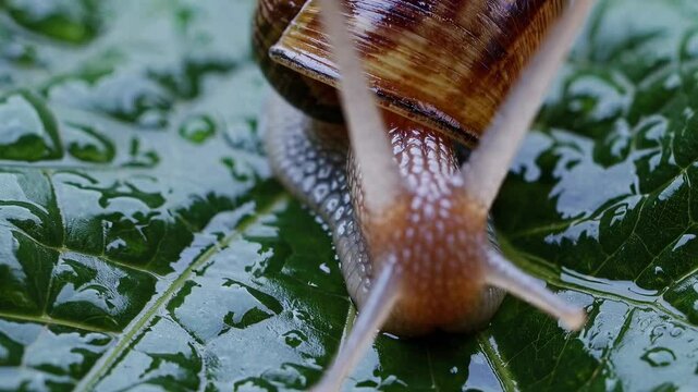 Close-up video of a snail on a wet leaf, captured from a low angle. The focus on texture and detail highlights the snail's shell and leaf veins.