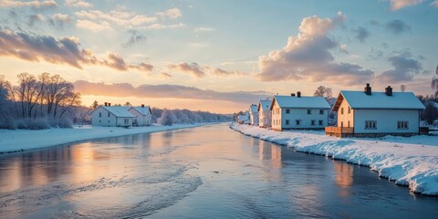 Snowy Houses on a Winter River at Sunset