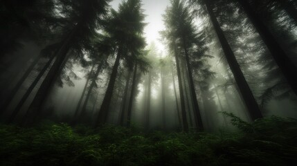 Fototapeta premium Tall green trees surrounded by heavy atmospheric fog in the forest