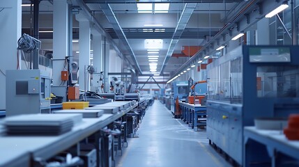 A plastic manufacturing facility with extrusion machines, mold injection units, and conveyor belts.