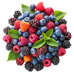 wild berries mix, raspberry, blueberries, blackberries isolated on white background PNG. GENERATIVE AI