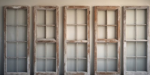 Five Weathered Wooden Window Frames with Four Panes Each.