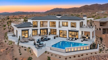Obraz premium Luxurious modern mansion with a pool overlooking scenic mountain views