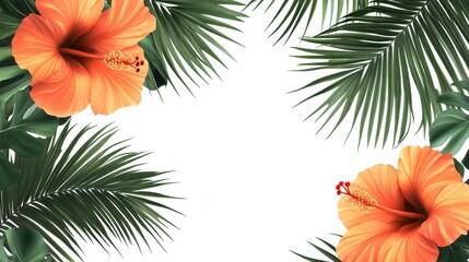 Naklejka premium Tropical Bloom: Hibiscus blossoms and vibrant palm leaves create a beautiful, vibrant and colorful botanical design, ideal for conveying themes of summer, nature, and exoticism.