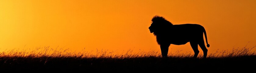 Obraz premium A majestic lion silhouette stands against a golden evening sky