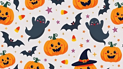 Cheerful Ghosts, Bats, and Pumpkins Kawaii Pattern Design