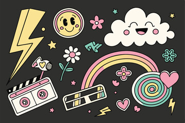 Obraz premium 24 Colorful abstract shapes, Vibrant doodles, Neon icons, Black background, Cartoon symbols, Graffiti-style elements, Retro pop art, Geometric patterns, Hand-drawn illustrations, Psychedelic design, E